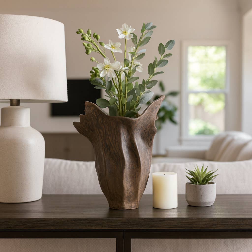 Decorative Vase - Brown Porcelain Sculptural Flower, 16 in.