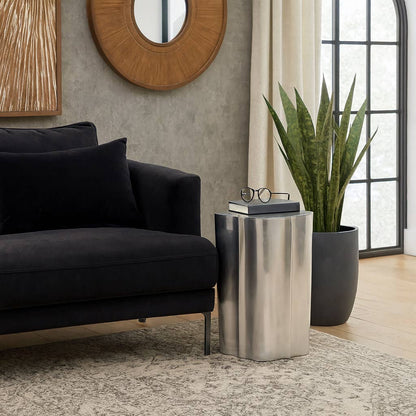 Side Table - Silver Metal Sculptural Polished Drum, 19 in.