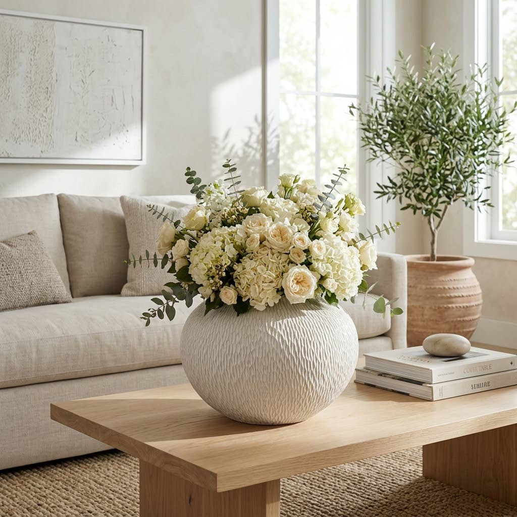 Decorative Bowl - White Earthenware Round Large, 15 in.