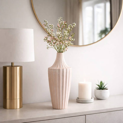 Decorative Vase - Pink Ceramic Sculpted Ridged, 16 in.
