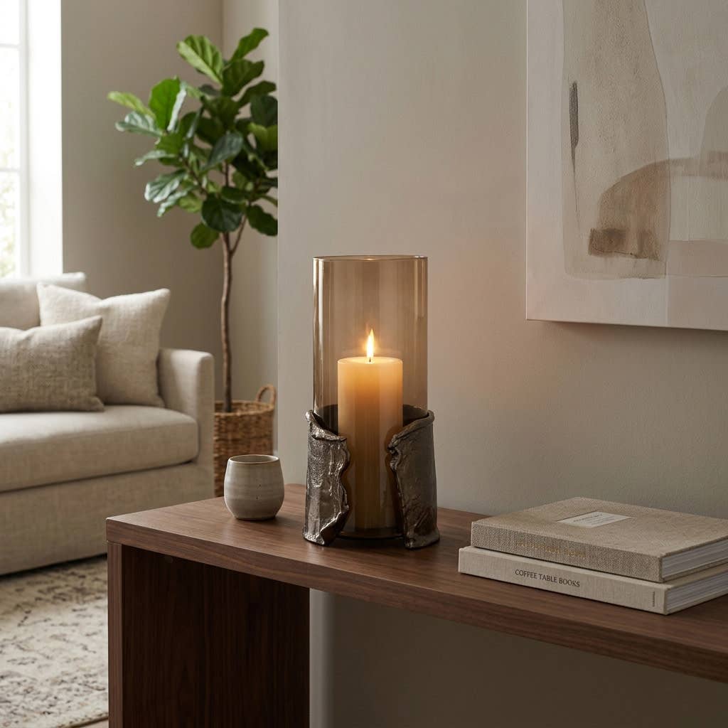Candle Holder - Brown Glass Transitional Style, 12 in.