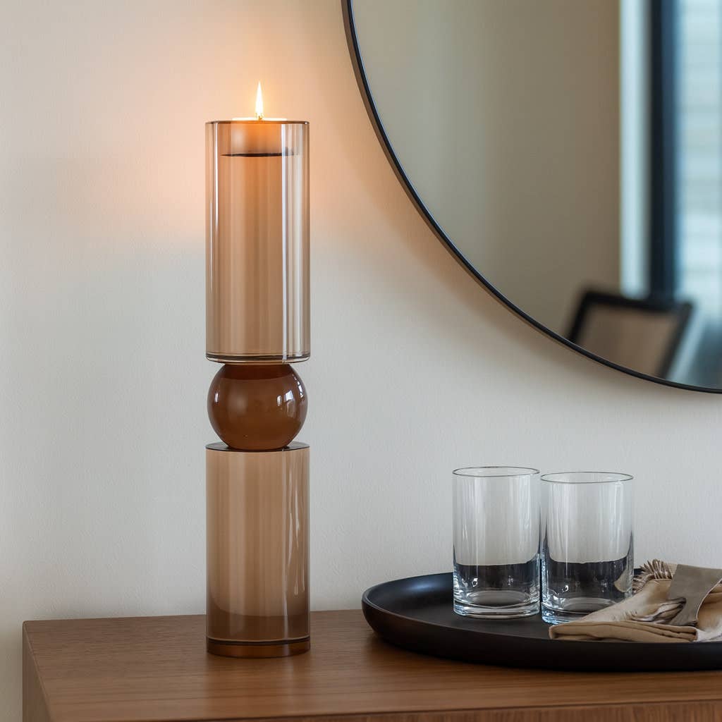 Candle Holder - Bronze Crystal Cylinder Candlestick, 15 in.