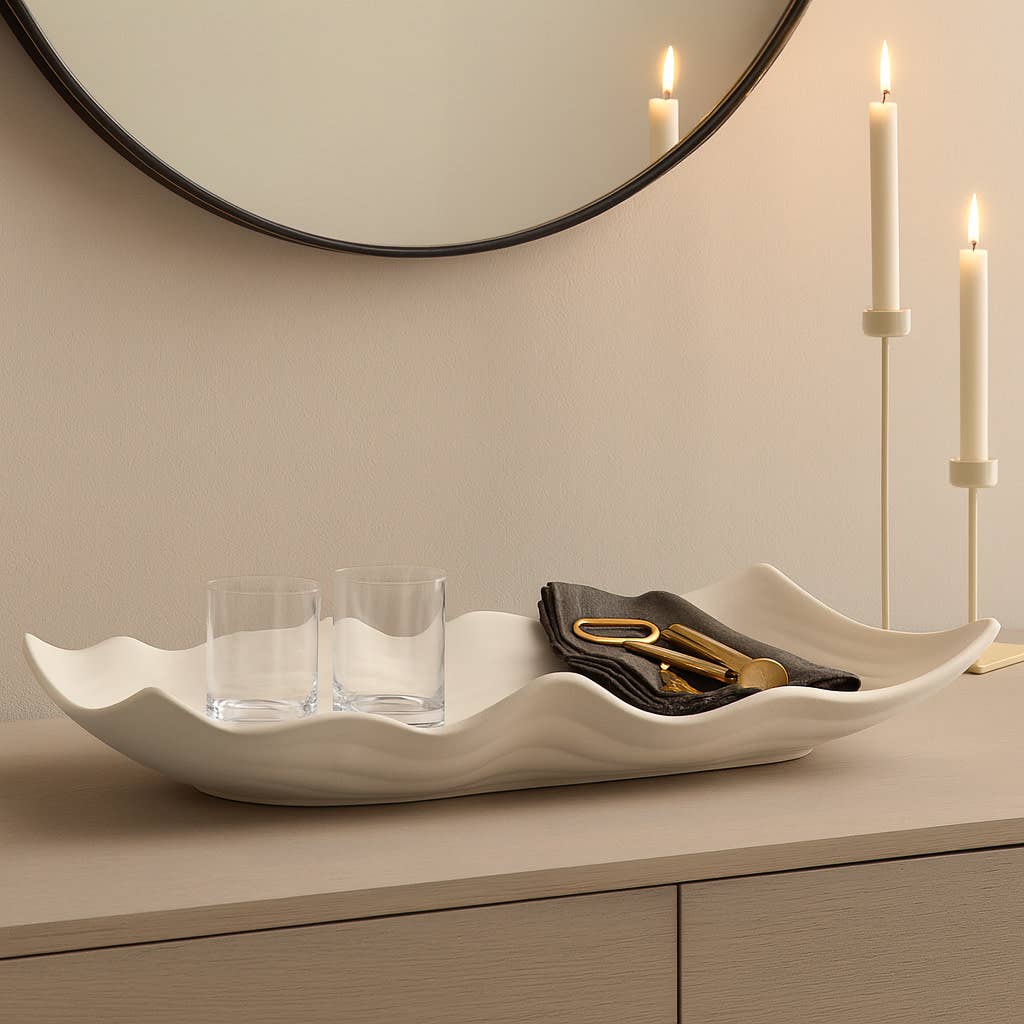 Tray - Ivory Porcelain Wavy Abstract Oversized, 20 in.