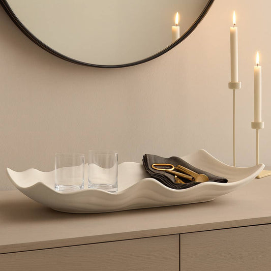 Tray - Ivory Porcelain Wavy Abstract Oversized, 20 in.