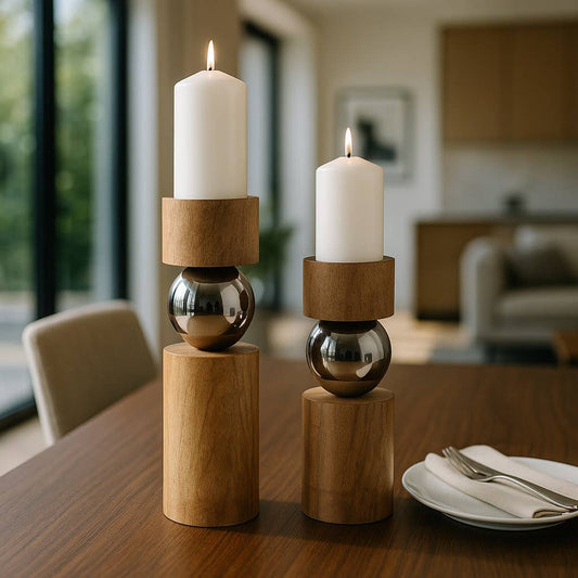 Candle Holders Set of 2 - Tan Wood Iron Sphere, 11/13 in.