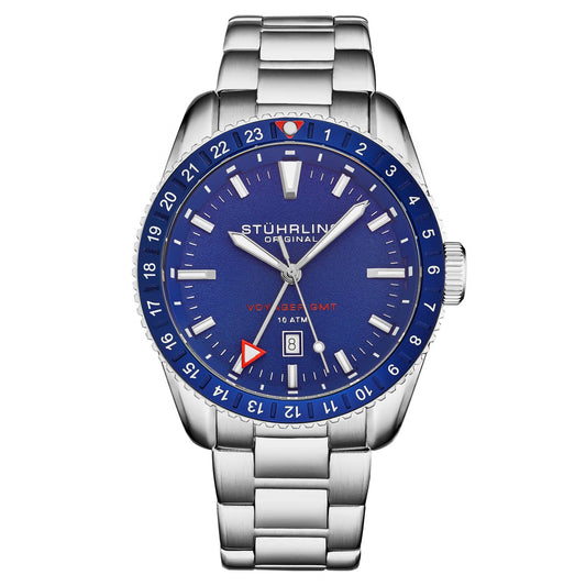 Stuhrling Original Voyager GMT 4017 Men's Quartz GMT Watch, 42mm, Blue Dial, Silver-Tone Brushed And Polished Link Bracelet