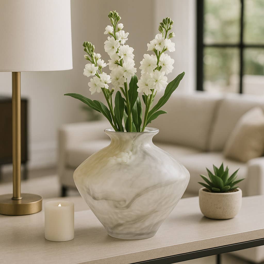 Decorative Vase - Ivory Glass Smooth Swirl Finish, 10 in.