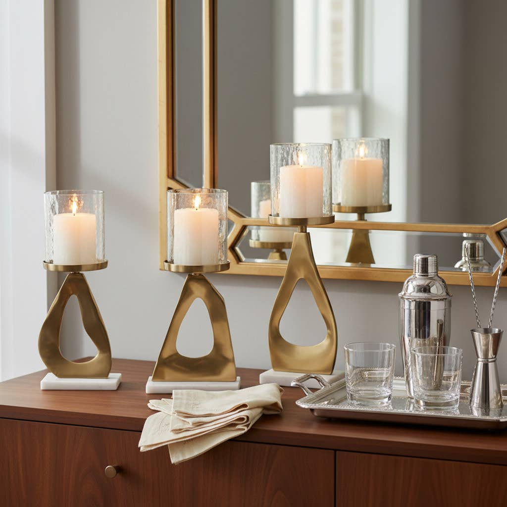 Candle Holders Set of 3 - Gold Metal Marble Base, 13/15 in.