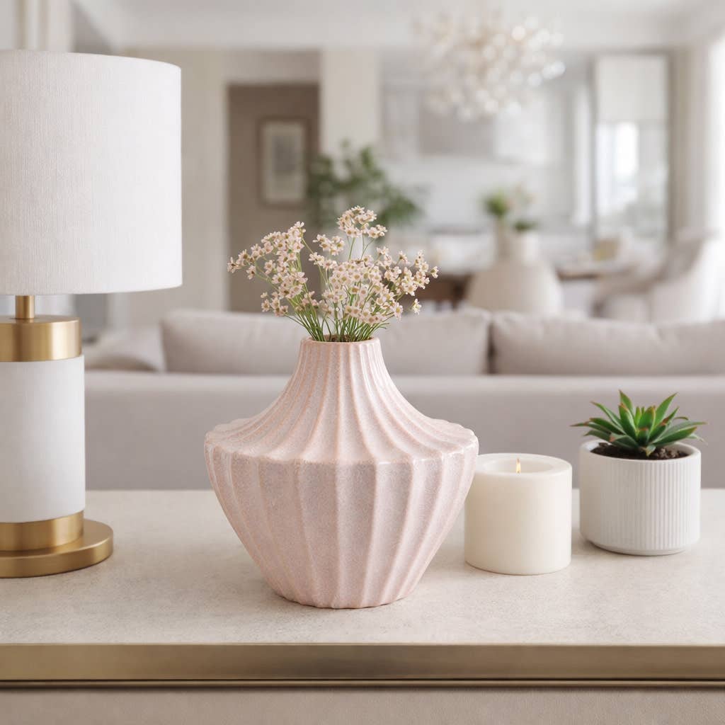 Decorative Vase - Pink Ceramic Sculpted Ridged, 8 in.