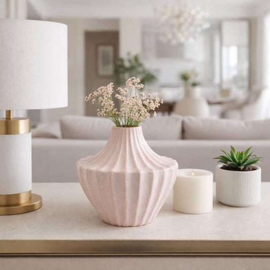 Decorative Vase - Pink Ceramic Sculpted Ridged, 8 in.