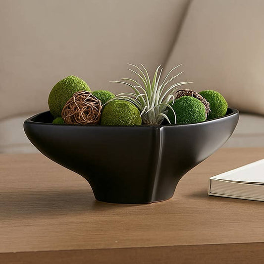 Decorative Bowl - Black Glass Minimalist Centerpiece, 16 in.