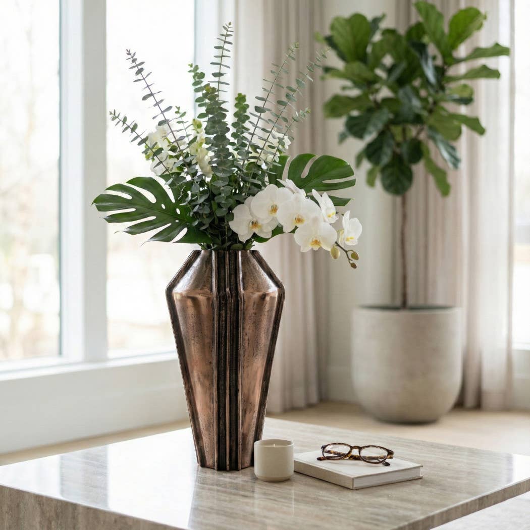 Decorative Vase - Bronze Metal Textured Design, 17 in.