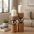 Candle Holders Set of 2 - Tan Wood Iron Sphere, 11/13 in.