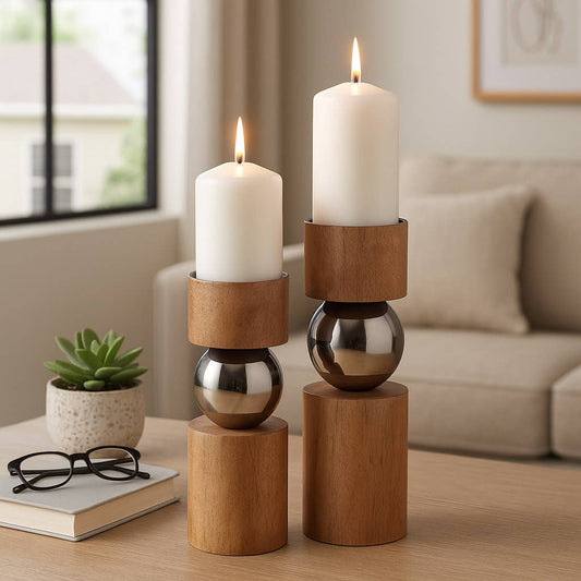 Candle Holders Set of 2 - Tan Wood Iron Sphere, 11/13 in.