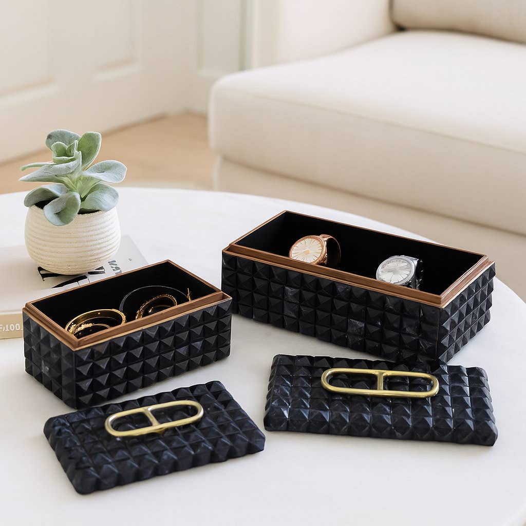 Boxes Set of 2 - Black Wood Resin with Handle, 11/14 in.