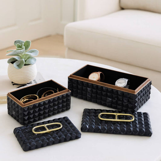 Boxes Set of 2 - Black Wood Resin with Handle, 11/14 in.