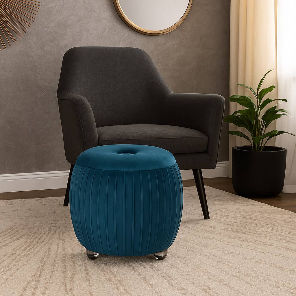 Storage Stool - Blue Wood Round with Cushioned Seat, 18 in.