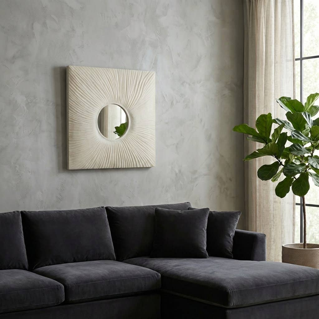 Mirror - White Resin Square Frame Textured Sunburst, 24 in.