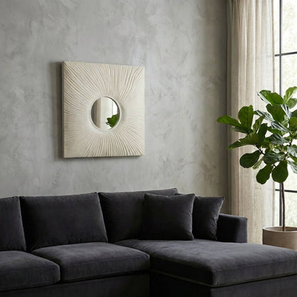 Mirror - White Resin Square Frame Textured Sunburst, 24 in.