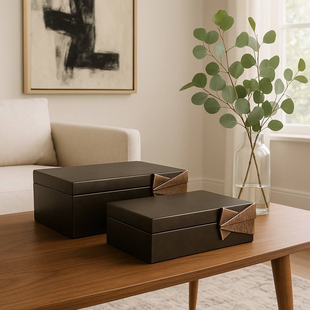 Boxes Set of 2 - Brown Wood with Metal Hardware, 9/11 in.