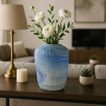 Decorative Vase - Blue Glass Carved Ribbed Pattern, 14 in.