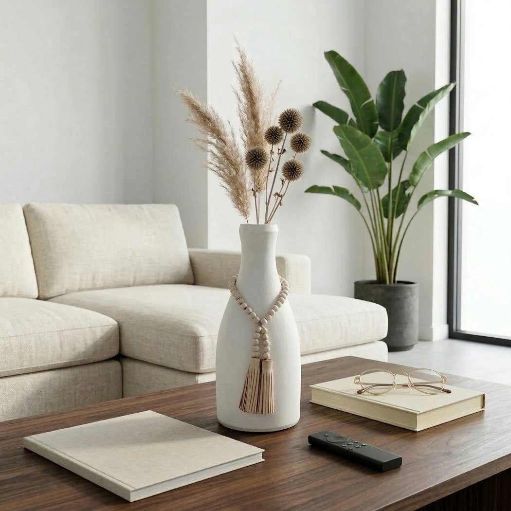 Decorative Vase - White Ceramic with Garland Tassel, 12 in.
