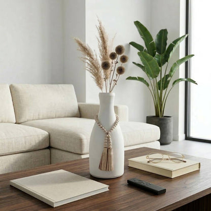 Decorative Vase - White Ceramic with Garland Tassel, 12 in.