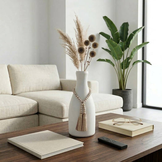 Decorative Vase - White Ceramic with Garland Tassel, 12 in.