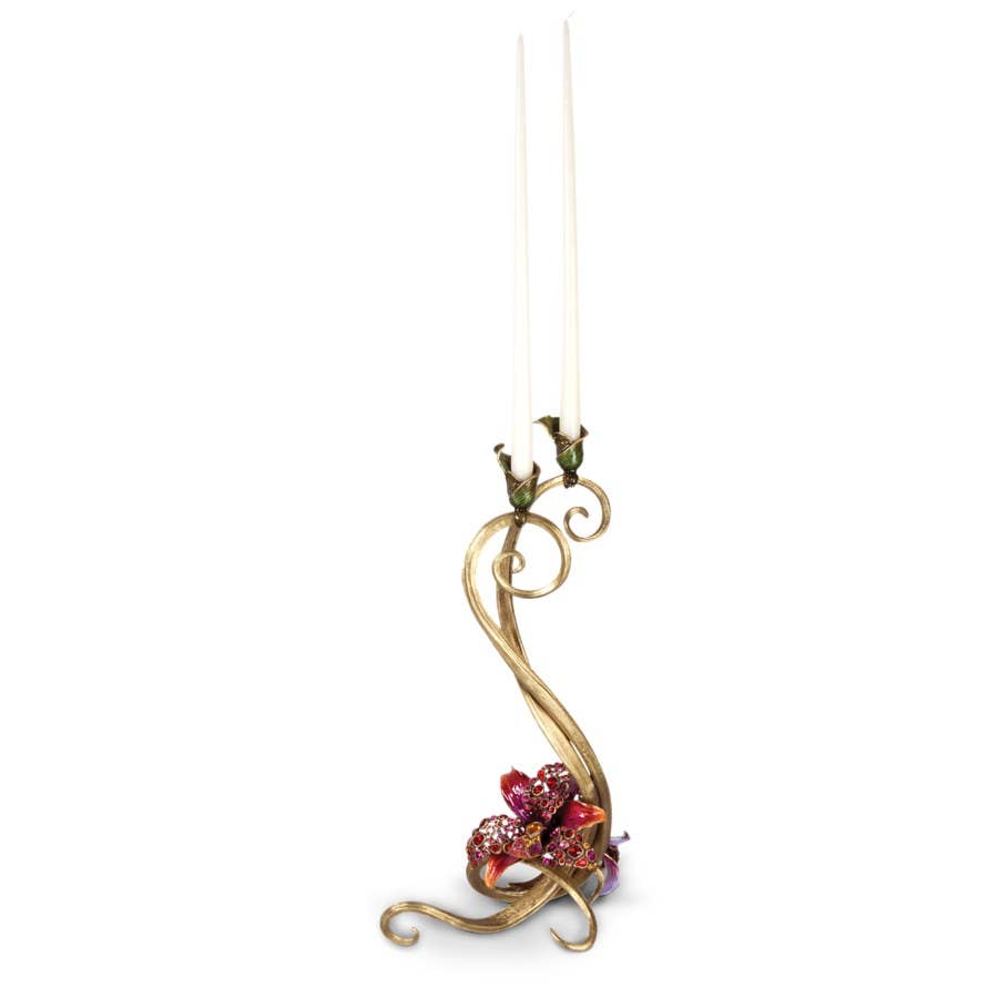 Jay Strongwater Roselyn Orchid Double Candlestick Holder, Flora Leaf Swarovski Crystal Enamel