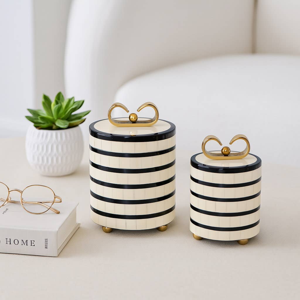 Decorative Box Set of 2 - Black & White Resin Lidded, 7/9in.