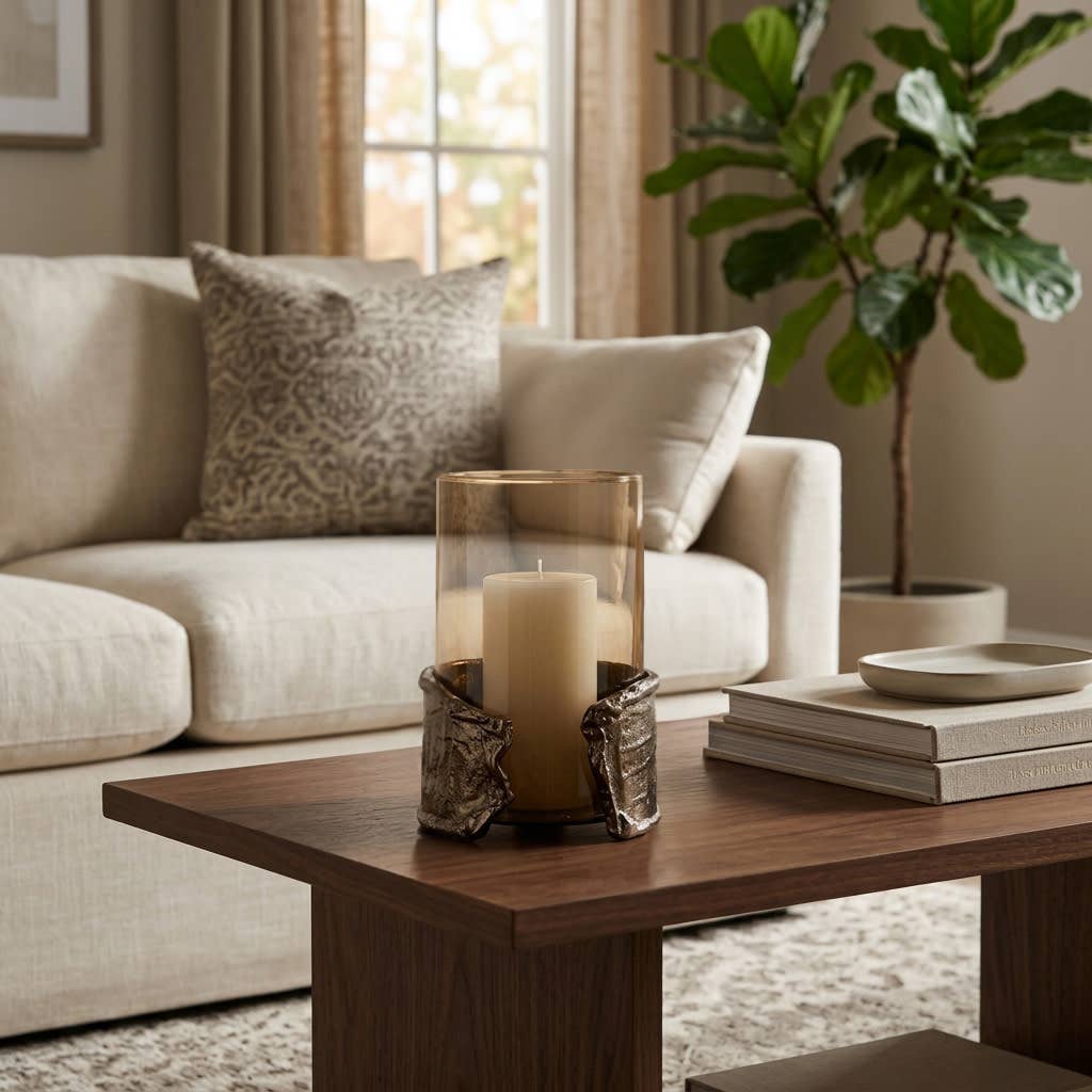Candle Holder - Brown Glass Transitional Style, 8 in.