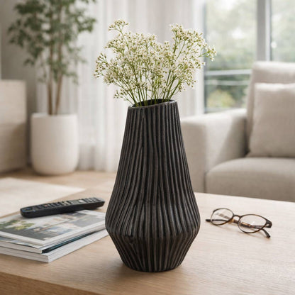 Decorative Vase - Black Ceramic Stylish Textured, 14 in.