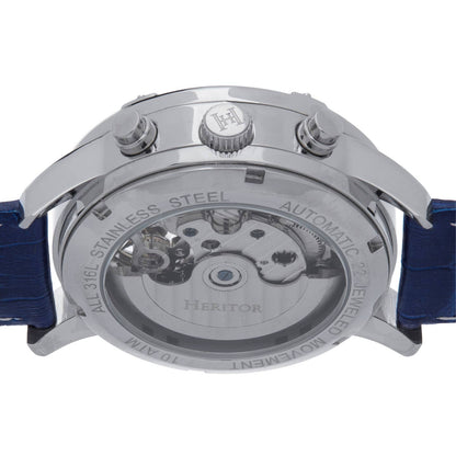Heritor Wilhelm Men's Automatic Semi-Skeleton Leather Watch, Silver/Blue
