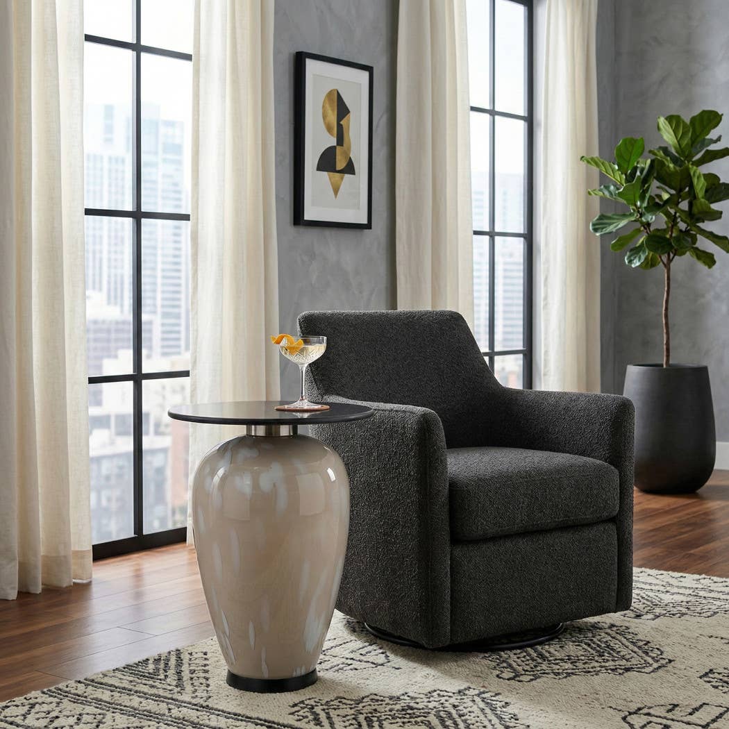 Side Table - Black Marble Top with White Glass Base, 22 in.