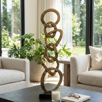 Sculpture - Gold Metal Chain Design with Wood Base, 27 in.