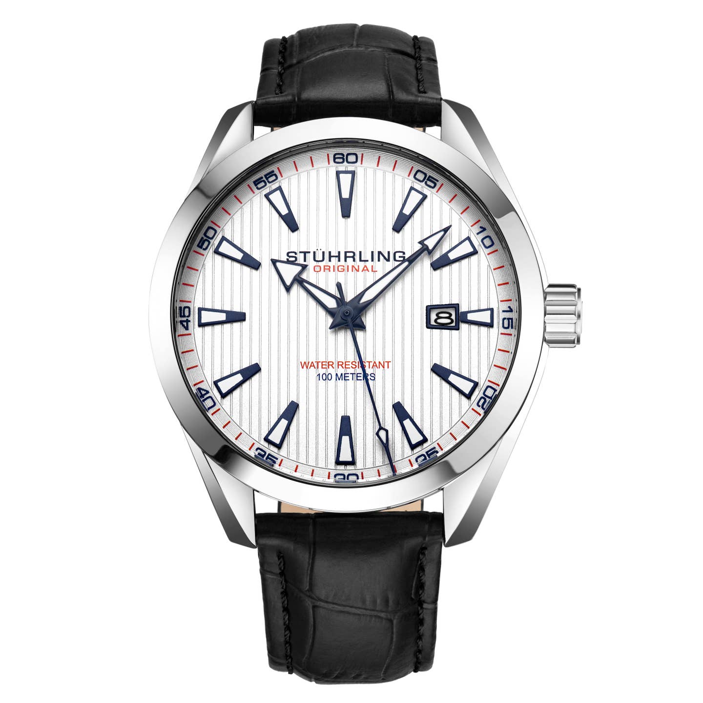Stuhrling Original Symphony Men's Quartz Watch, White Dial, Silver Bezel, Black Alligator Embossed Leather Strap