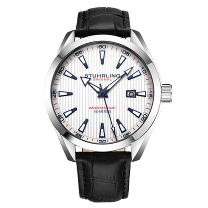 Stuhrling Original Symphony Men's Quartz Watch, White Dial, Silver Bezel, Black Alligator Embossed Leather Strap