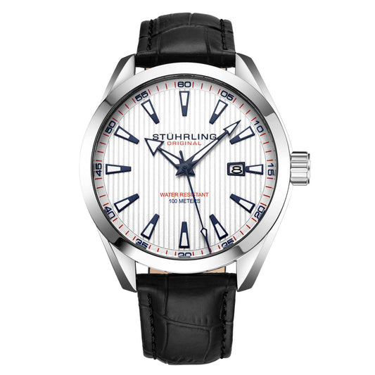 Stuhrling Original Symphony Men's Quartz Watch, White Dial, Silver Bezel, Black Alligator Embossed Leather Strap