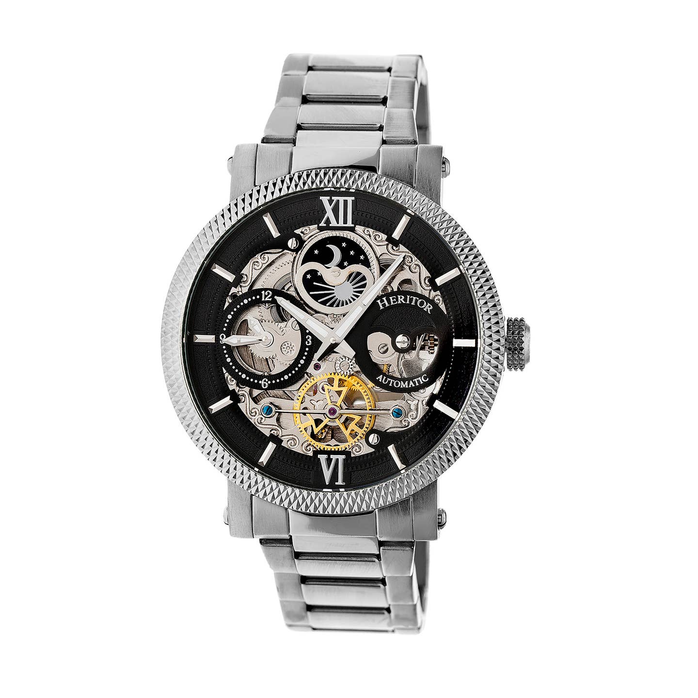 Heritor Aries Men's Automatic Skeleton Bracelet Watch, Silver/Black