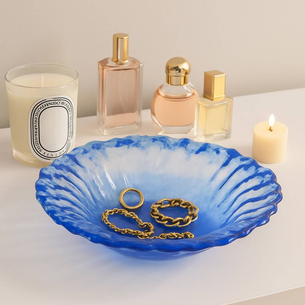 Decorative Bowl - Blue Glass Large Round Obmre, 14 in.