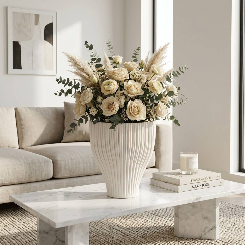 Decorative Vase - Ivory 3D Printed Sculptural Curved, 14 in.