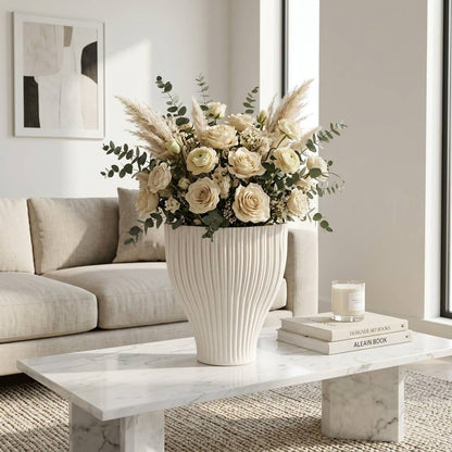Decorative Vase - Ivory 3D Printed Sculptural Curved, 14 in.
