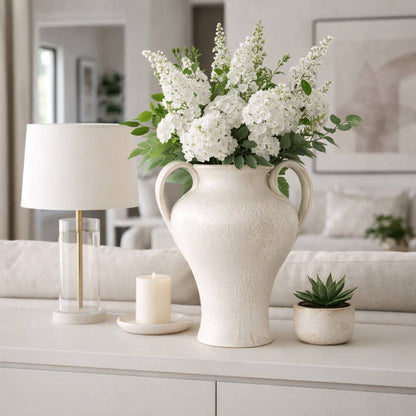 Decorative Vase - White Ceramic Curved Handles Urn, 21 in.