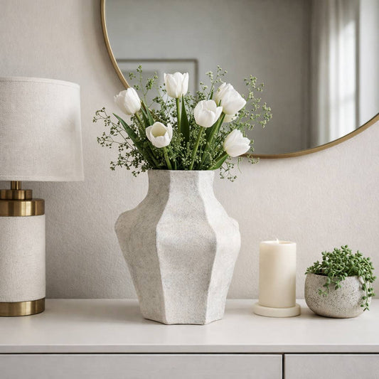 Decorative Vase - Gray Porcelain Wavy Faceted Form, 15 in.