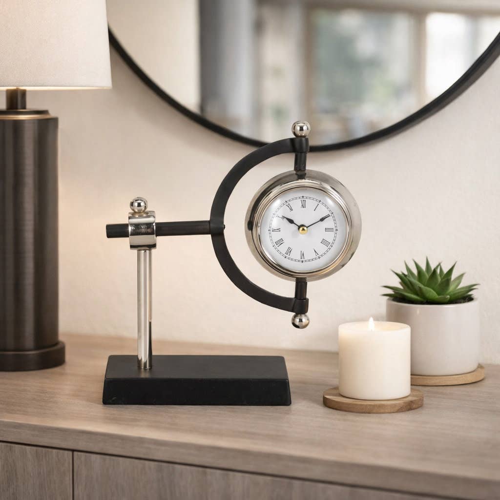Desk Clock - Silver Metal Clock Rotating Design, 7 in.