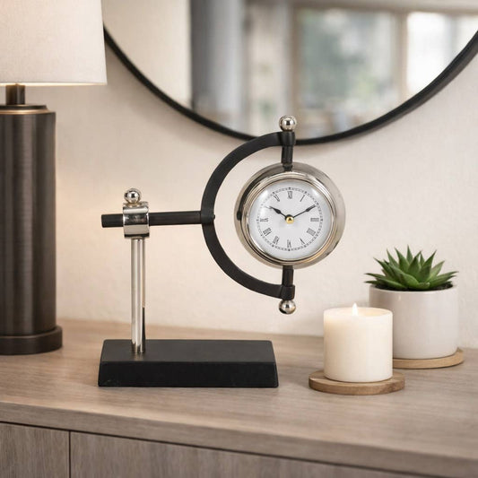 Desk Clock - Silver Metal Clock Rotating Design, 7 in.