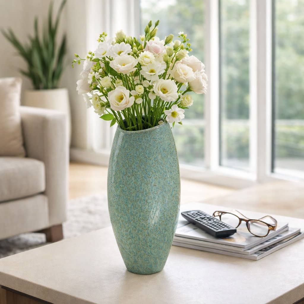 Decorative Vase - Green Ceramic Curved Textured, 14 in.