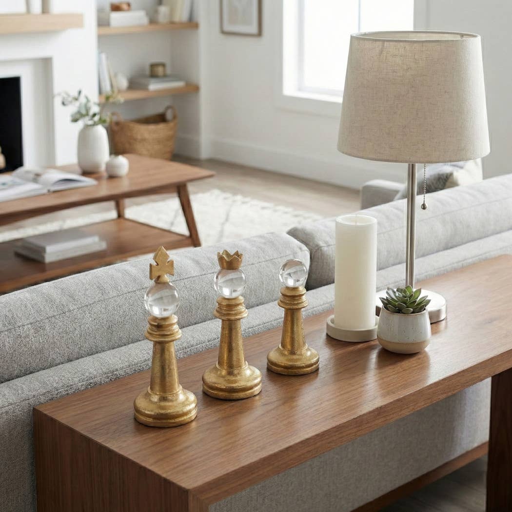 Decorative Object Set of 3- Gold Metal Chess Piece, 8/9/10in