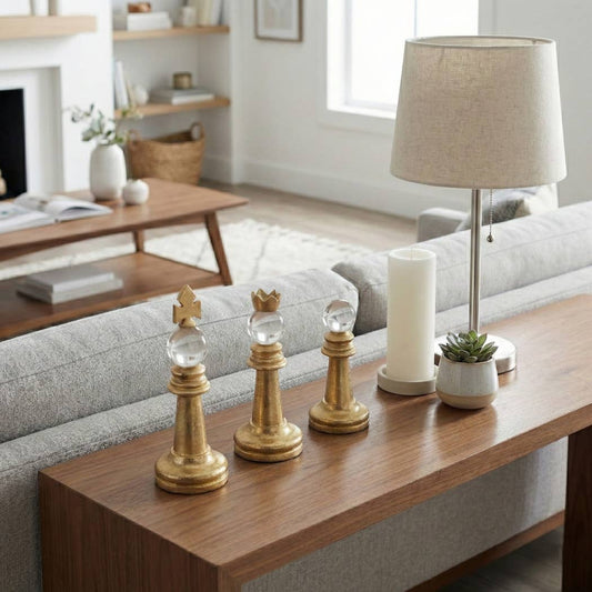 Decorative Object Set of 3- Gold Metal Chess Piece, 8/9/10in