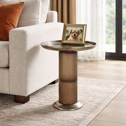 Side Table - Gold Glass Metal Textured Pedestal Base, 21 in.